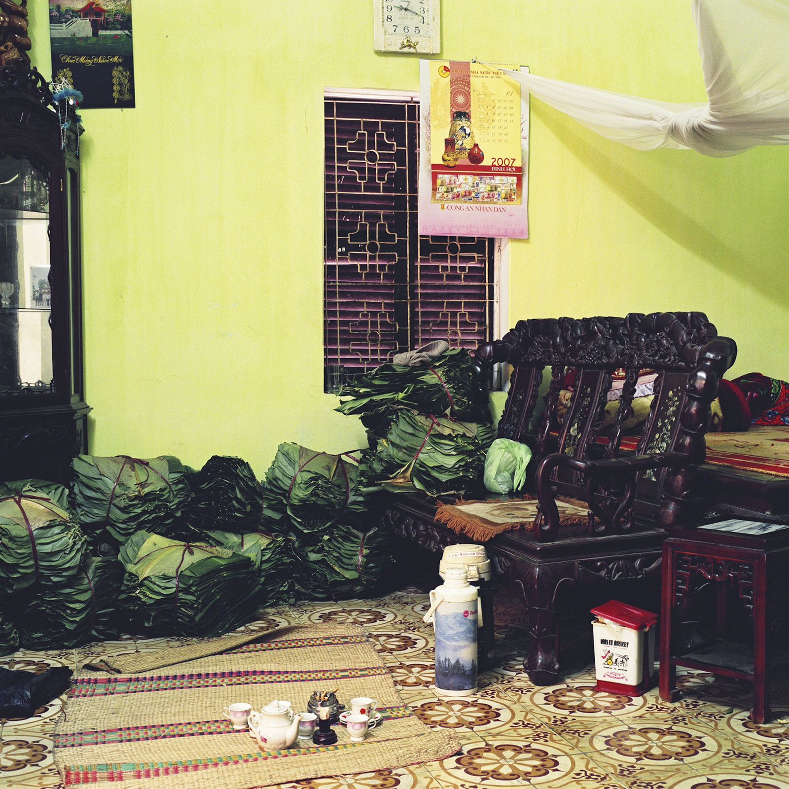 Interior of a house in Thanh Khuc, a village specialising in making Banh Chung, a square glutinous rice cake wrapped in lá dong leaves, Hanoi, Vietnam.
